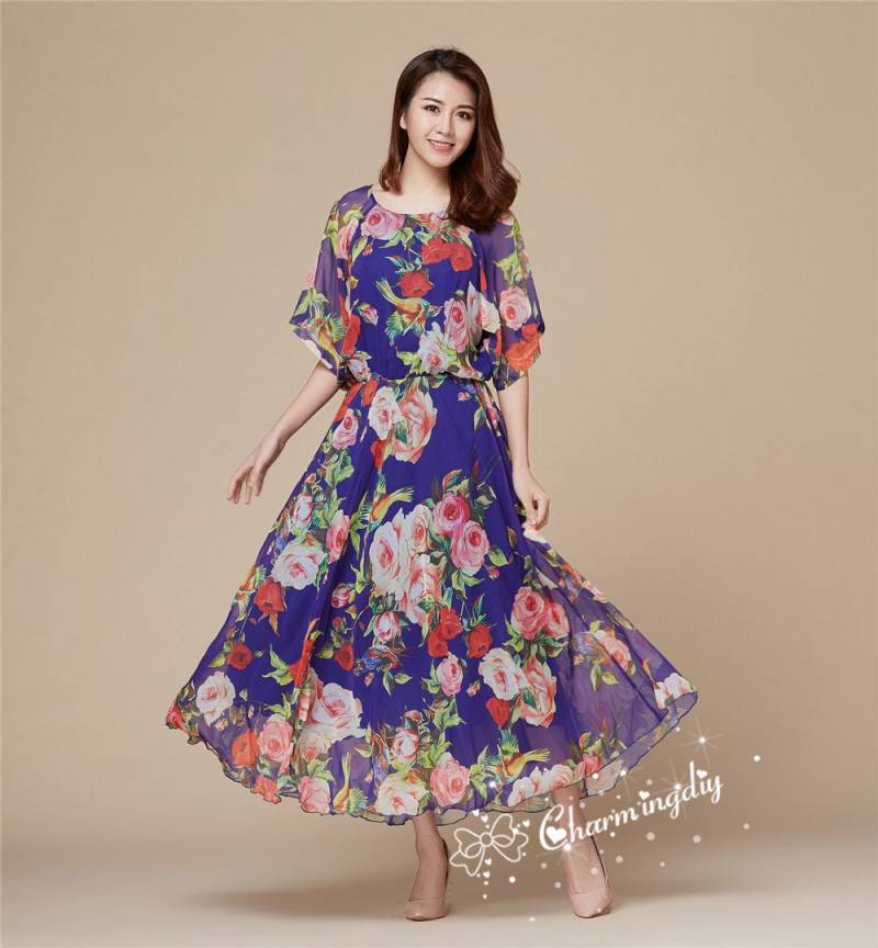 Lila Chiffon Maxikleid Mit Blumenmuster Leichtes Party Brautjungfernkleid von CHARMINGDIY