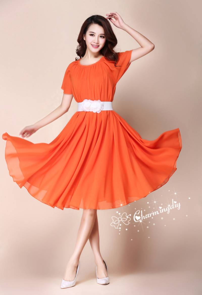 Orange Chiffon Brautjungfer Kleid Kurzarm Sommer Sommerkleid von CHARMINGDIY