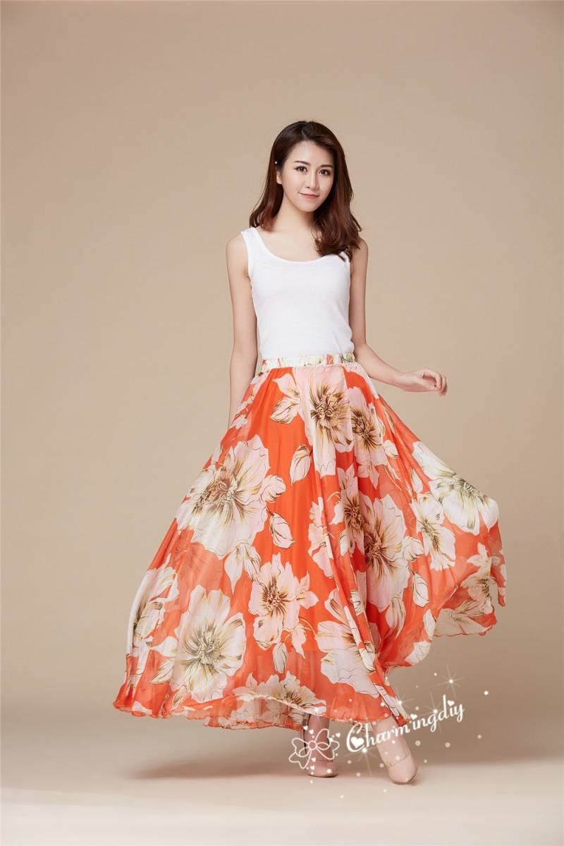 Orange Floral Chiffon Maxi Rock Sommer Strand Sommerkleid von CHARMINGDIY