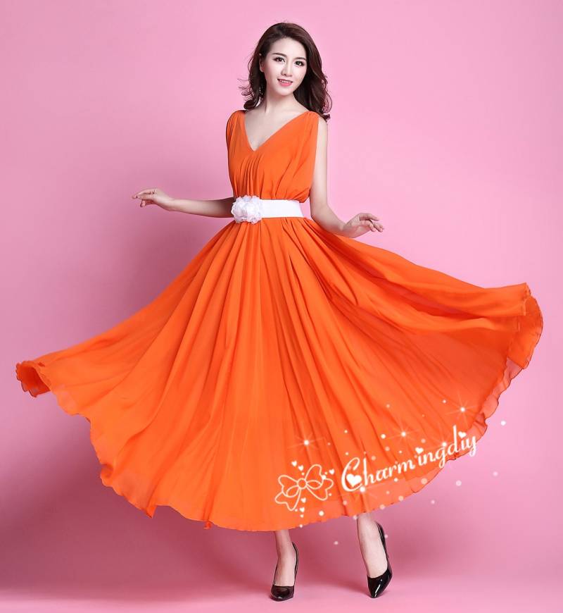 Orangefarbenes Chiffon Maxikleid Leichtes Sommerkleid Für Brautjungfern von CHARMINGDIY