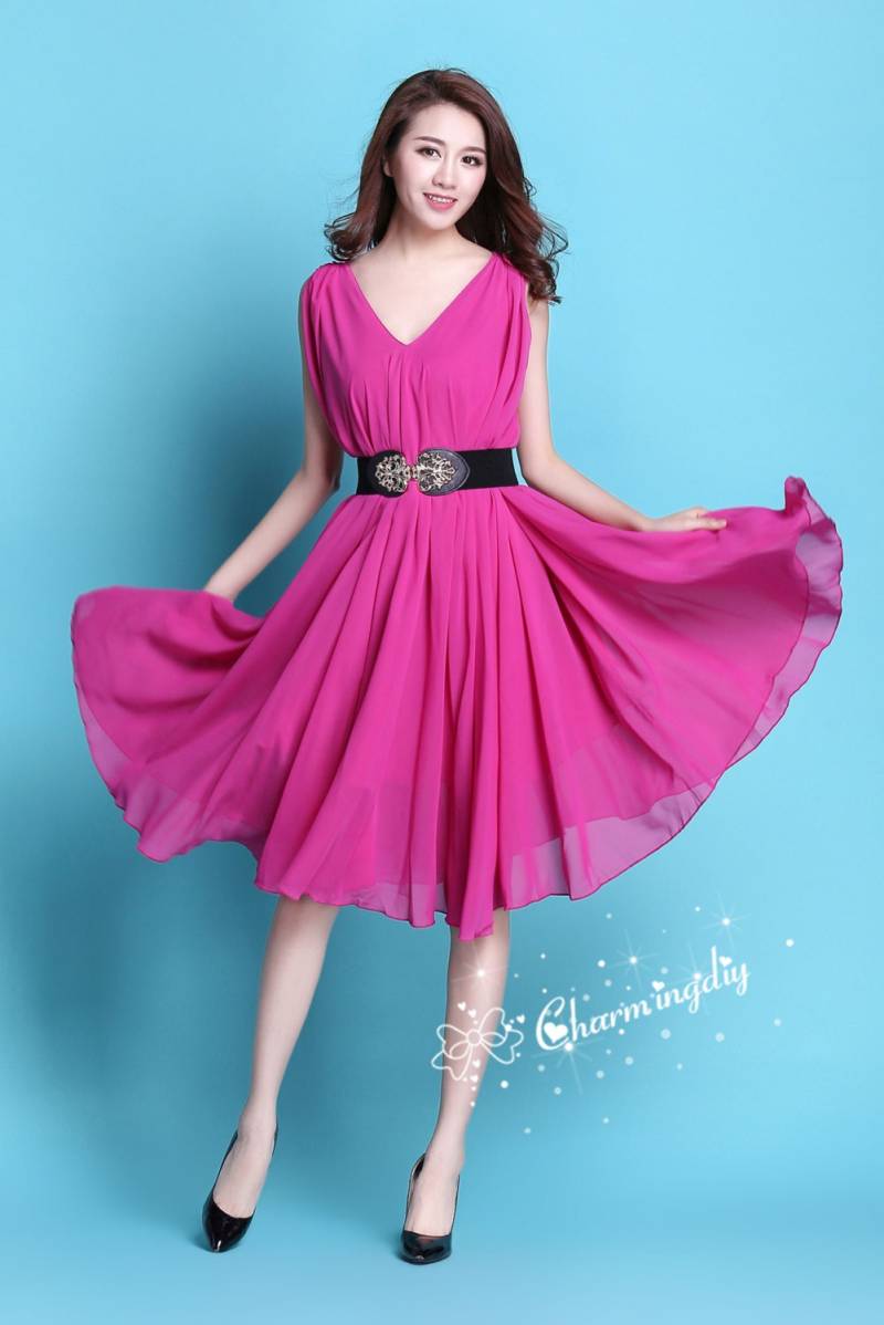 Rosiges Chiffon Partykleid Knielanger Brautjungfernrock von CHARMINGDIY