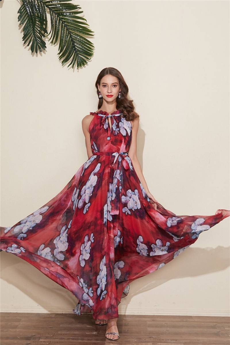 Rote Blumen Chiffon Maxikleid Leichtes Partykleid von CHARMINGDIY