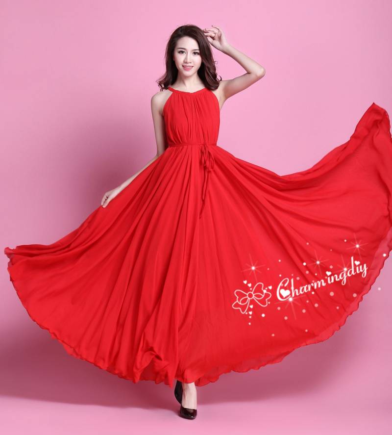 Rotes Chiffon Maxi Kleid Ärmelloses Sommer Brautjungfer Kleid von CHARMINGDIY