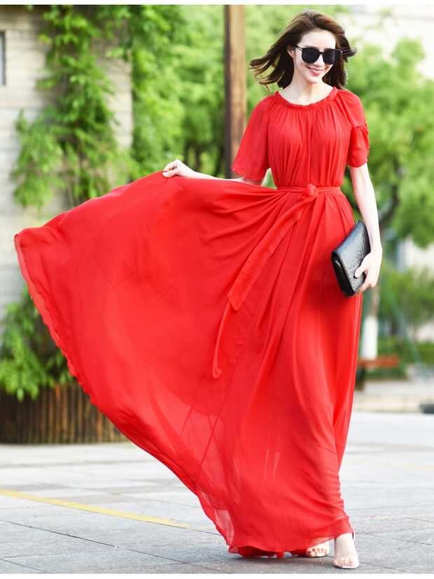 Rotes Chiffon Maxi Kleid Kurzarm Urlaub Strandkleid von CHARMINGDIY