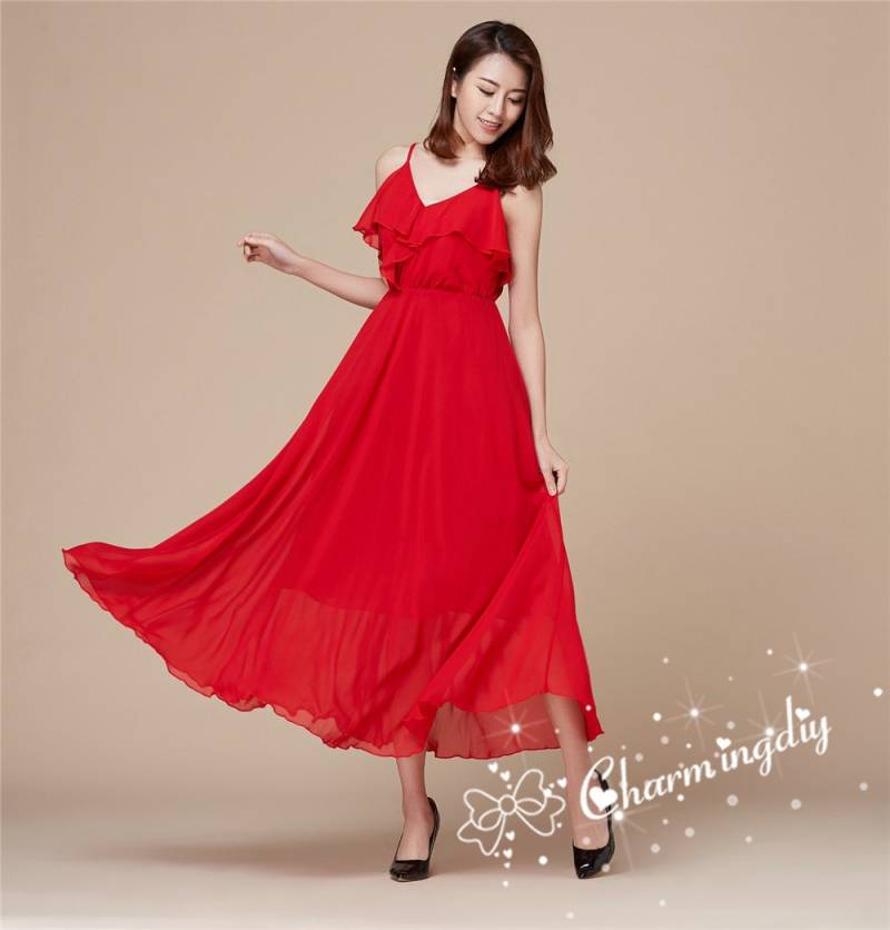 Rotes Chiffon Maxikleid Leichtes Party Brautjungfernkleid von CHARMINGDIY