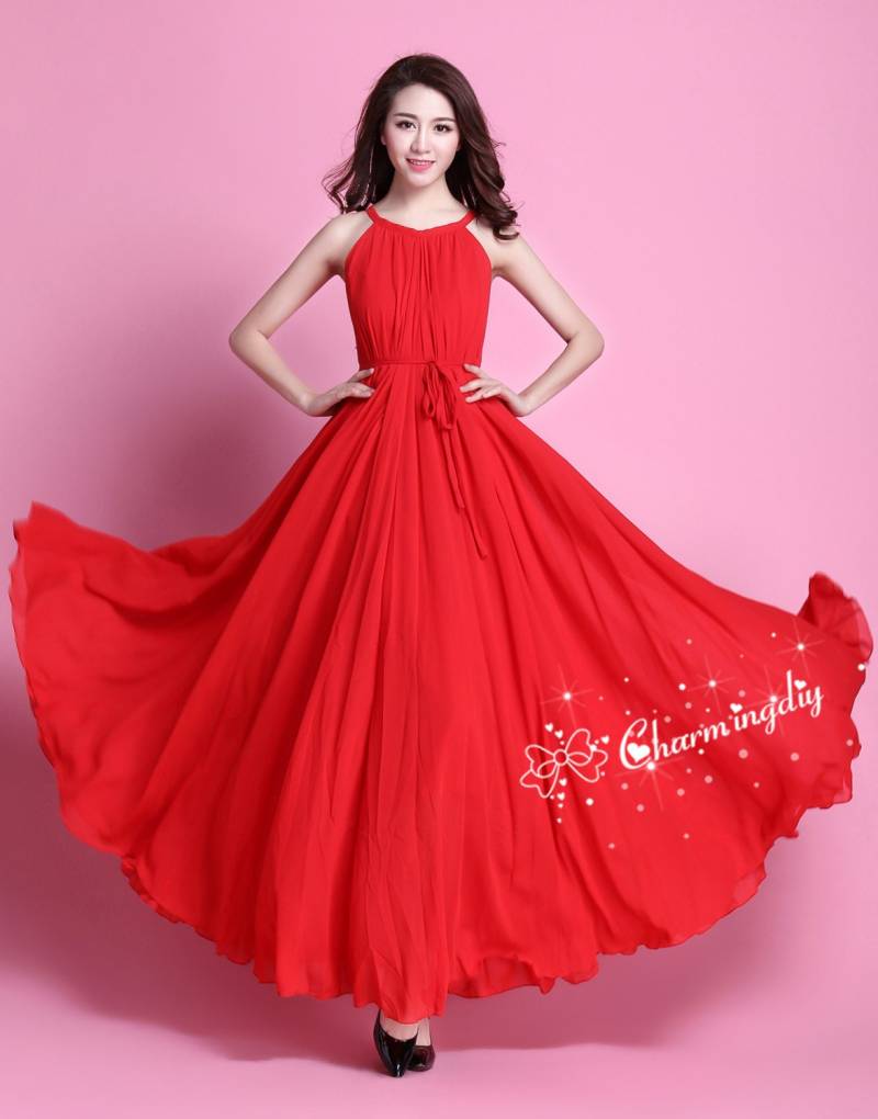 Rotes Chiffon Maxikleid Leichtes Sommerkleid Für Hochzeitsfeier von CHARMINGDIY