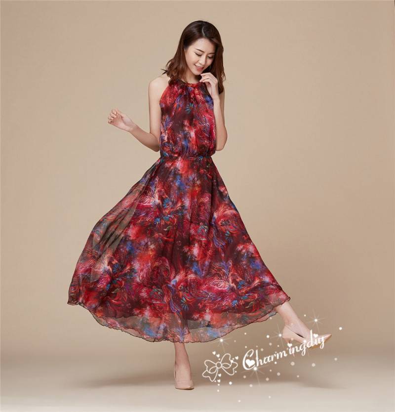 Rotes Chiffon-Maxikleid Mit Blumenmuster Leichter Party-Brautjungfer-Rock von CHARMINGDIY