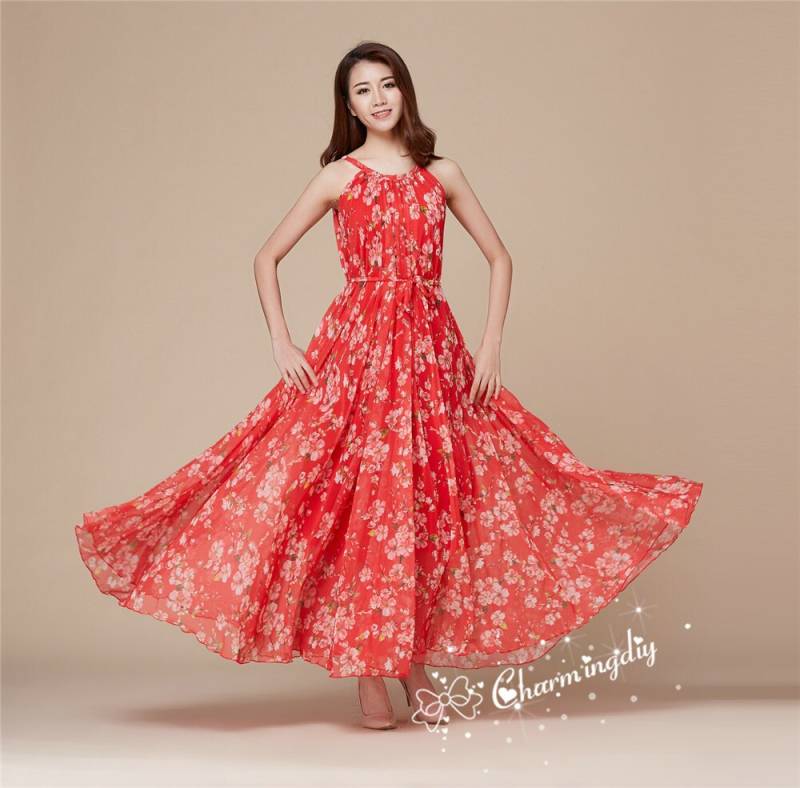 Rotes Chiffon Maxikleid Mit Blumenmuster Leichtes Partykleid von CHARMINGDIY
