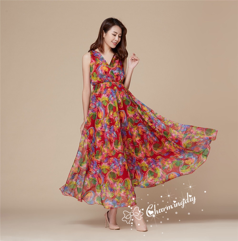 Rotes Chiffon-Maxikleid Mit Blumenmuster Leichtes Sommer-Brautjungfernkleid von CHARMINGDIY
