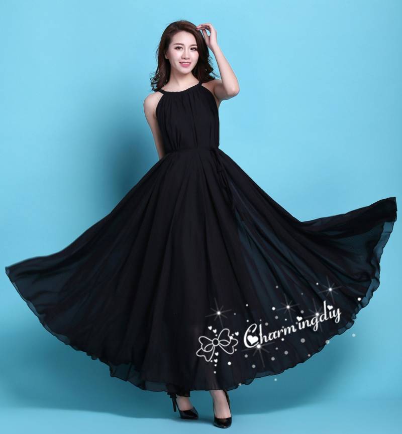 Schwarzes Chiffon Maxikleid Leichtes Sommerkleid von CHARMINGDIY