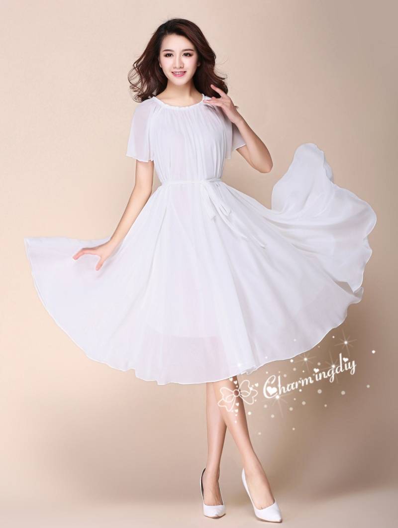 Weiß Chiffon Brautjungfer Kleid Kurzarm Sommer Sommerkleid von CHARMINGDIY