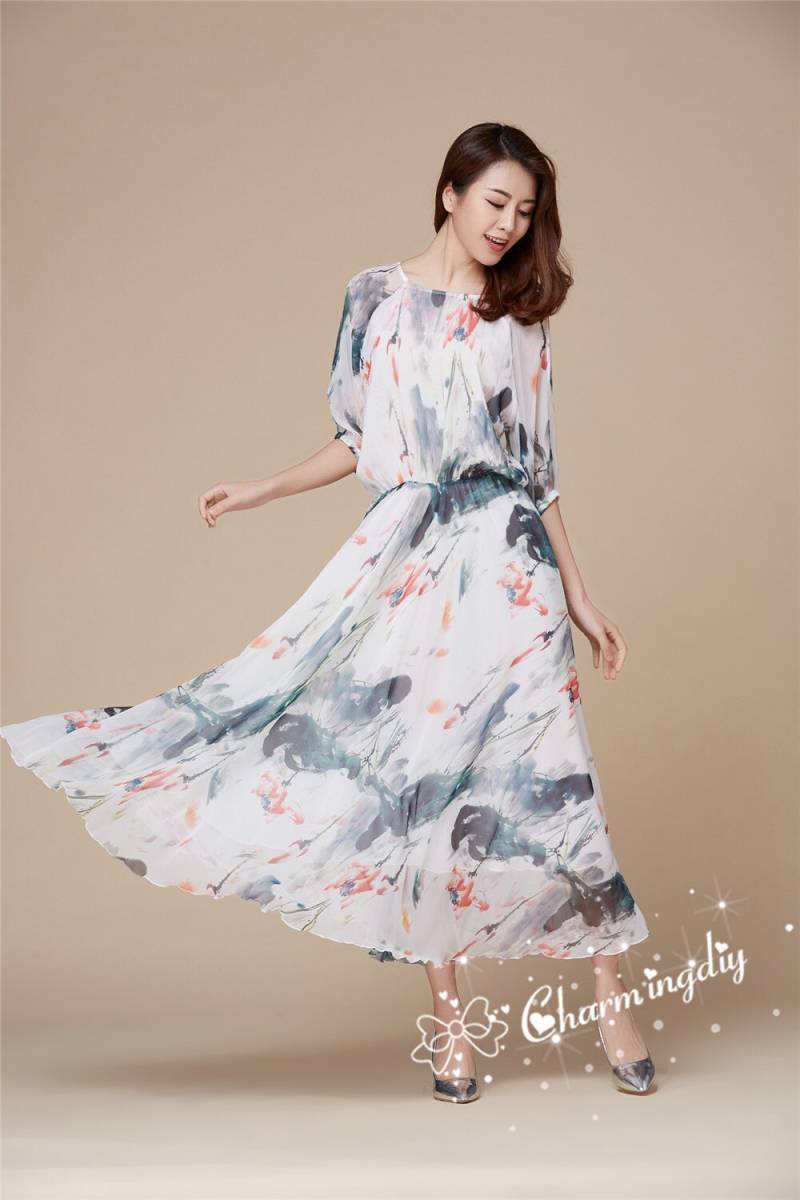 Weißes Chiffon Maxikleid Mit Blumenmuster Leichtes Party Brautjungfernkleid von CHARMINGDIY