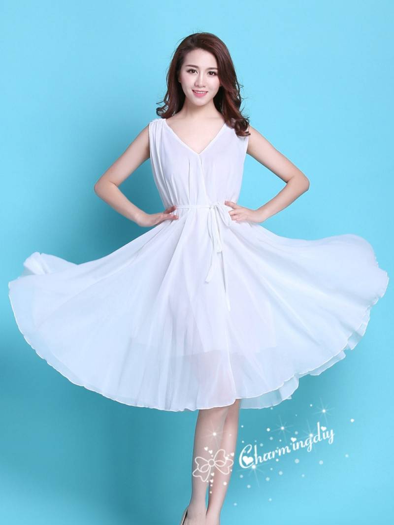 Weißes Chiffon Umstandskleid Knielanges Sommerkleid Mit Gürtel von CHARMINGDIY