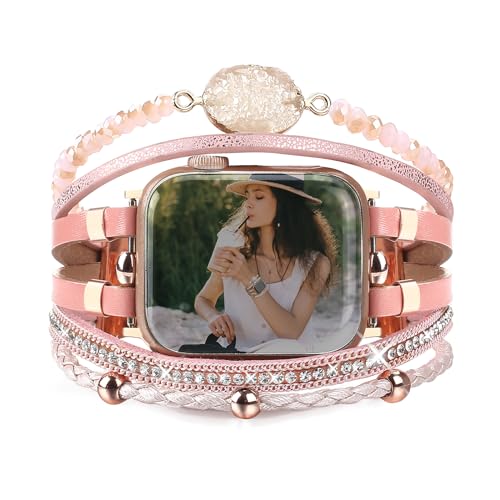 CHARMINGO Boho Leather Bracelet Compatible with Apple Watch Band Women 38mm 40mm 41mm Series 9 8 7 6 SE Ultra Cute Multilayer Wrap Apple Watch Strap for iWatch Band Series 5 4 3 2 1, Pink03 CHARMINGO Boho Leather Bracelet Compatible with Apple Watch Band Women 38mm 40mm 41mm Series 9 8 7 6 SE Ultra Cute Multilayer Wrap Apple Watch Strap for iWatch Band Series 5 4 3 2 1, Pink03 von CHARMINGO