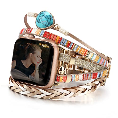 CHARMINGO Boho Leather Wrap Bands Compatible with Apple Watch Band Bracelet for Women Men 38mm 40mm 41mm, Multilayer Apple Watch Strap for iwatch Band Series 9 8 7 6 5 4 3 2 1 SE Ultra Ultra 2 von CHARMINGO
