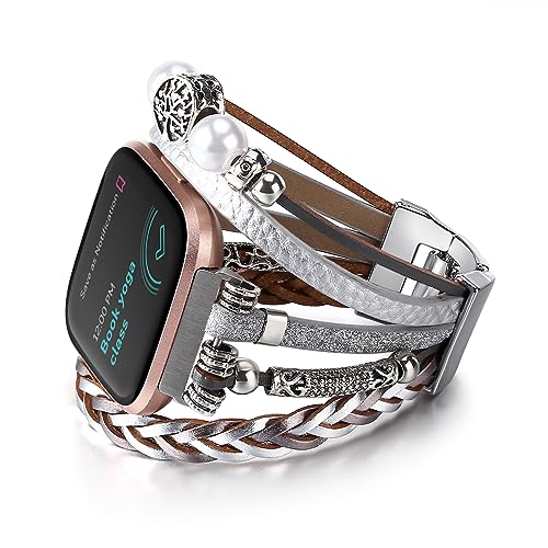 CHARMINGO Posh Leather Band Compatible with Fitbit Versa 3&4 Bands/Fitbit Sense/Sense 2 Bands for Women, Multilayer Boho Wrap Bracelet Wristband Handmade Watch Strap for Fitbit Smartwatch, Silver CHARMINGO Posh Leather Band Compatible with Fitbit Versa 3&4 Bands/Fitbit Sense/Sense 2 Bands for Women, Multilayer Boho Wrap Bracelet Wristband Handmade Watch Strap for Fitbit Smartwatch, Silver von CHARMINGO
