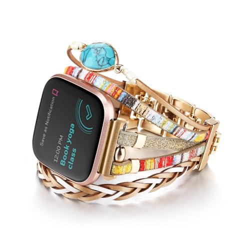 CHARMINGO Posh Leather Band Compatible with Fitbit Versa 4 Band/Versa 3/Sense/Sense 2 Bands for Women, Multilayer Boho Wrap Bracelet Wristband Handmade Replacement Strap for Fitbit Smartwatch, Gold von CHARMINGO