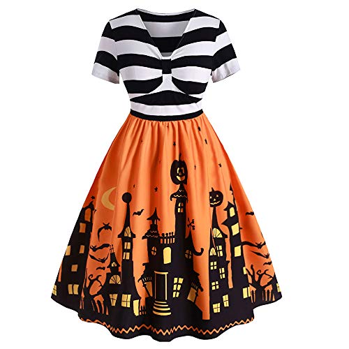 CHARMMA Damen-Halloween-Kleid in Übergröße, lustiger Kürbis, gruselige Fledermaus, Mondschloss, Halloween-Kostüm, Vintage-A-Linie, gestreifte Flare-Kleider für Frauen (Orange, 2XL) von CHARMMA