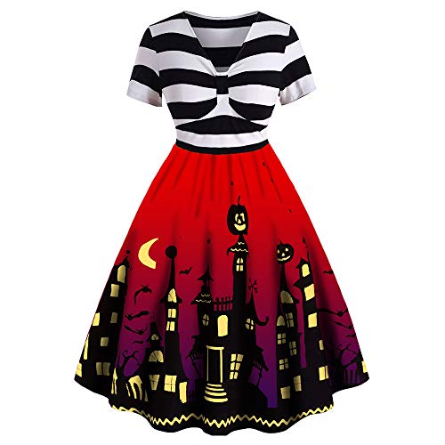 CHARMMA Damen-Halloween-Kleid in Übergröße, lustiger Kürbis, gruselige Fledermaus, Mondschloss, Halloween-Kostüm, Vintage-A-Linie, gestreifte Flare-Kleider für Frauen (Rot, XL) von CHARMMA