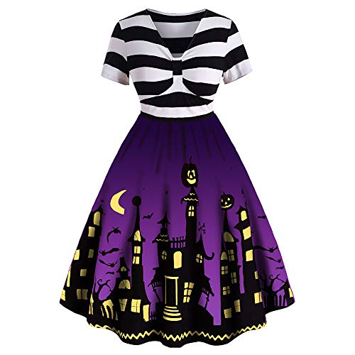 CHARMMA Damen-Halloween-Kleid in Übergröße, lustiger Kürbis, gruselige Fledermaus, Mondschloss, Halloween-Kostüm, Vintage-A-Linie, gestreifte Flare-Kleider für Frauen (Violett, 3XL) von CHARMMA