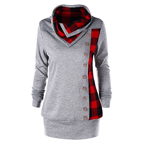 CHARMMA Damen Pullover, Übergröße Sweatshirt Plaid Cowl Neck Knopf Verschönert Tunika Oberteil (Grau-Rot, XXL) von CHARMMA