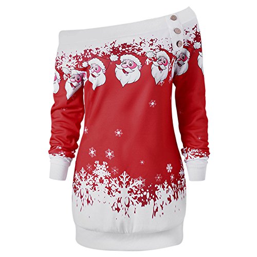 CHARMMA Damen Weihnachten Pullover Langarmshirt Santa Claus und Schnee Druck Sweatshirt (Dunkelrot, 2XL) von CHARMMA