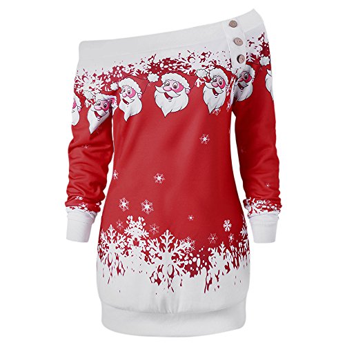 CHARMMA Damen Weihnachten Pullover Langarmshirt Santa Claus und Schnee Druck Sweatshirt (Dunkelrot, L) von CHARMMA