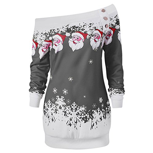 CHARMMA Damen Weihnachten Pullover Langarmshirt Santa Claus und Schnee Druck Sweatshirt (Grau, L) von CHARMMA