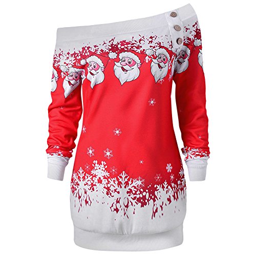 CHARMMA Damen Weihnachten Pullover Langarmshirt Santa Claus und Schnee Druck Sweatshirt (Rot, XL) von CHARMMA