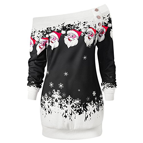 CHARMMA Damen Weihnachten Pullover Langarmshirt Santa Claus und Schnee Druck Sweatshirt (Schwarz, L) von CHARMMA