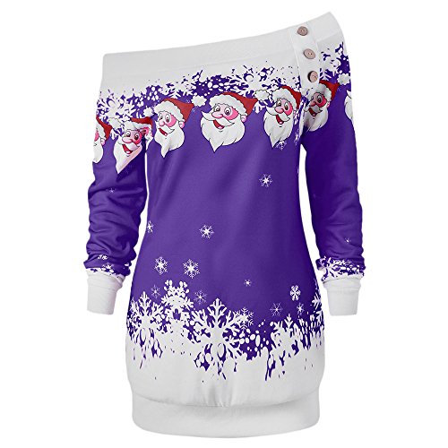 CHARMMA Damen Weihnachten Pullover Langarmshirt Santa Claus und Schnee Druck Sweatshirt (Violett, XL) von CHARMMA