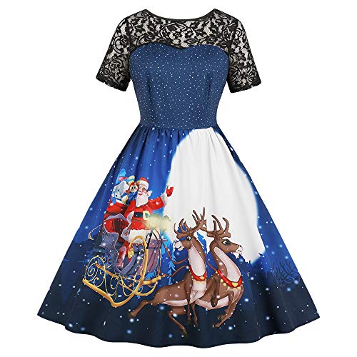 Damen Weihnachten Kleid, Vintage Kurzarm Spitze Schneemann Druck A-Linie Weihnachtskleid (Blau-A, L) von CHARMMA