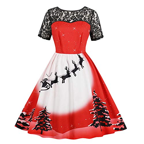 Damen Weihnachten Kleid, Vintage Kurzarm Spitze Schneemann Druck A-Linie Weihnachtskleid (Rot-B, XL) von CHARMMA