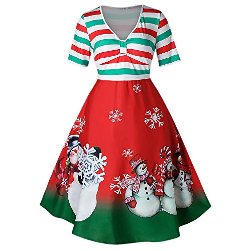 Übergroßes Weihnachten-Kleid mit Vintage Gedruckt, A-Linie Gestreiftes Flare Kleid, Festliches Kostüm für Weihnachten Damen Rot-A 3XL von CHARMMA