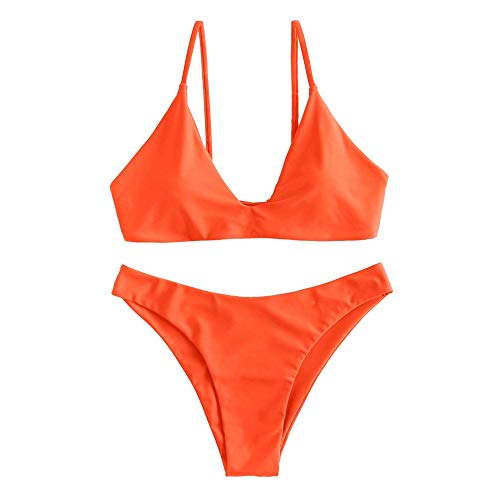 ZAFUL Damen Gepolsterte Bikini Set, Push Up Badeanzug mit Vorderknoten-Hinterhaken-Stil in einfarbige Bademode Sommer (Geknotet-Orange, S) von CHARMMA