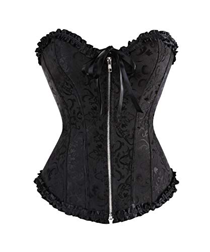 CHARMW Damen Vintage Corsage Reißverschluss Korsetts Satin Knochen Lace Up Taille Trainer Steampunk Corselet Overbust Abnehmen Bustier Top (Schwarz, XL) von CHARMW