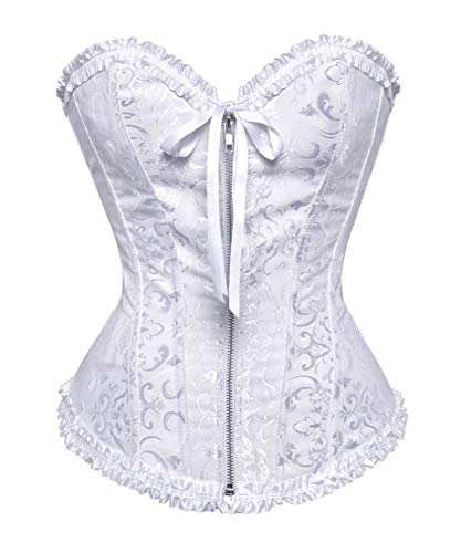 CHARMW Damen Vintage Corsage Reißverschluss Korsetts Satin Knochen Lace Up Taille Trainer Steampunk Corselet Overbust Abnehmen Bustier Top (Weiß, M) von CHARMW