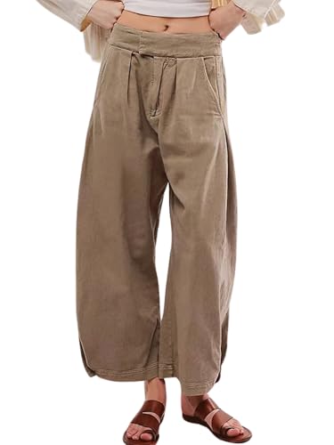 CHARTOU Damen Baggy Barrel Pant Wide Leg Hufeisen Ankle Jeans Mid Rise Harem Y2K Denim Pants mit Taschen, Khaki, Groß von CHARTOU