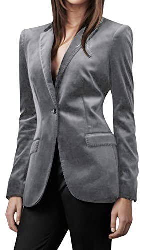 CHARTOU Damen-Blazer, 1 Knopf, enganliegend, Samt, Business-Anzug, Jacke, Arbeit, Büro, gekerbter Kragen, grau dunkel, S von CHARTOU