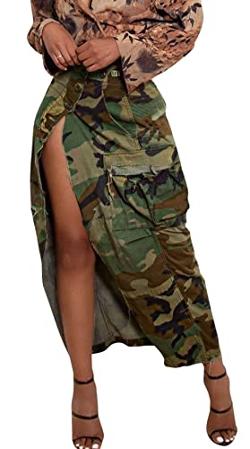 CHARTOU Damen Camouflage Rock Camo Maxi Bleistiftrock Bodycon Knopf Schlitz Cargo Rock mit Tasche, Grün (Army Green), Groß von CHARTOU