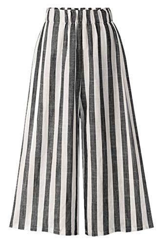 CHARTOU Damen Casual Gestreifte Hohe Taille Weites Bein Baumwolle Leichte Palazzo Capri Culotte Hose, Schwarz, S von CHARTOU