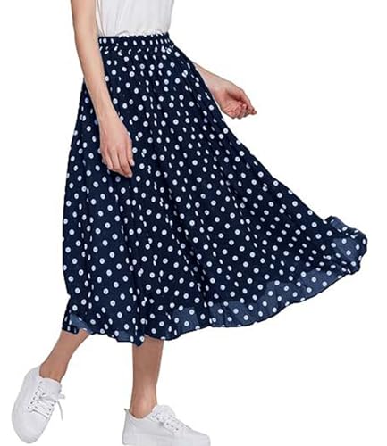CHARTOU Damen Casual Kontrast Polka Dot Chiffon Bohemia Swing Beach Midi A-Linie Röcke, marineblau, X-Groß von CHARTOU