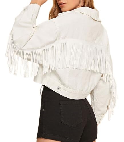 CHARTOU Damen Chic Button Down Quaste Fransen Denim Jeans Cropped Jacke, Weiß, Large von CHARTOU