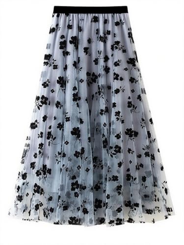 CHARTOU Damen Elastische Hohe Taille Tüll Rüschen Falten A-Linie Swing Midi Rock, blau, X-Groß von CHARTOU