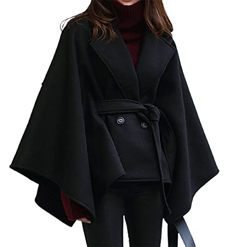 CHARTOU Damen Elegant Reverskragen Wollmischung Fliege Poncho Cape Jacke mit Gürtel, Schwarz, S von CHARTOU