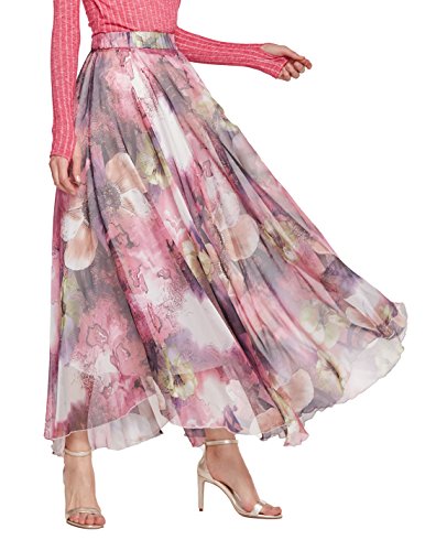 CHARTOU Damen Elegant Sommer Volle Länge Boho Blumendruck Plissee Chiffon Lange Maxi Rock Kleid - Violett - X-Klein von CHARTOU