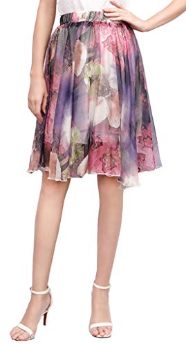 CHARTOU Damen Elegant Sommer Voller Länge Boho Floral Print Plissee Chiffon Lang Maxi Rock Kleid, Lila-knielang, X-Groß von CHARTOU