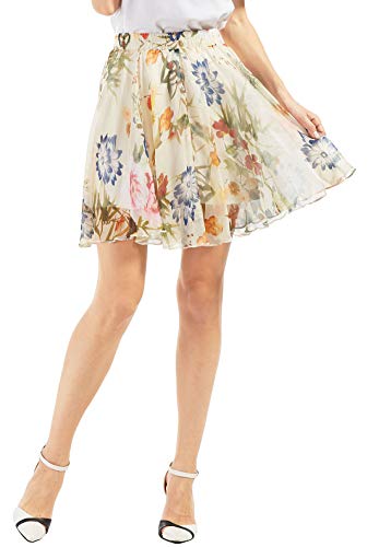 CHARTOU Damen Elegant Sommer Voller Länge Boho Floral Print Plissee Chiffon Lang Maxi Rock Kleid, Weiß-Knie-Länge, X-Groß von CHARTOU