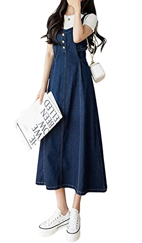 CHARTOU Damen Elegant Träger Zurück Gesmokt A-Linie Langer Rock Denim Overall Trägerkleid, Blau, X-Groß von CHARTOU