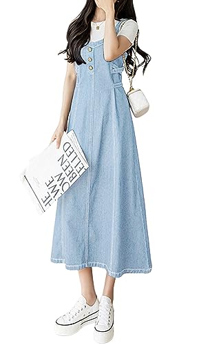 CHARTOU Damen Elegant Träger Zurück Gesmokt A-Linie Langer Rock Denim Overall Trägerkleid, Hell, blau, Klein von CHARTOU